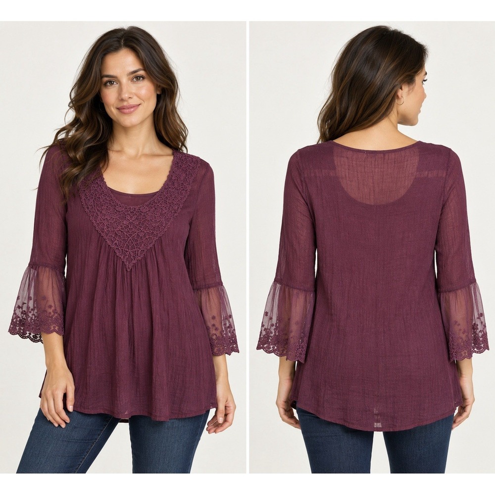 Indigo Soul Women's Large Plum Lace Bell Sleeve Boho Blouse Fairycore